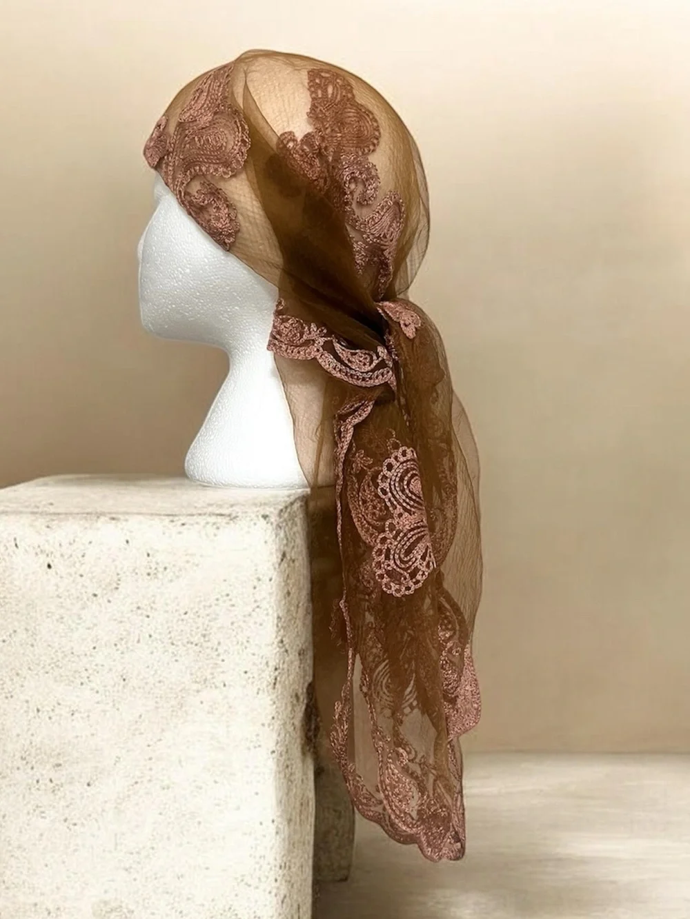 Brown Lace Embroidered Hair Scarf Headwrap